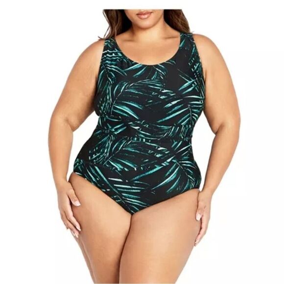 NWT Avenue Swimsuit Women's 20 Plus Size Tropical Print Blue Black One-Piece - Picture 1 of 10